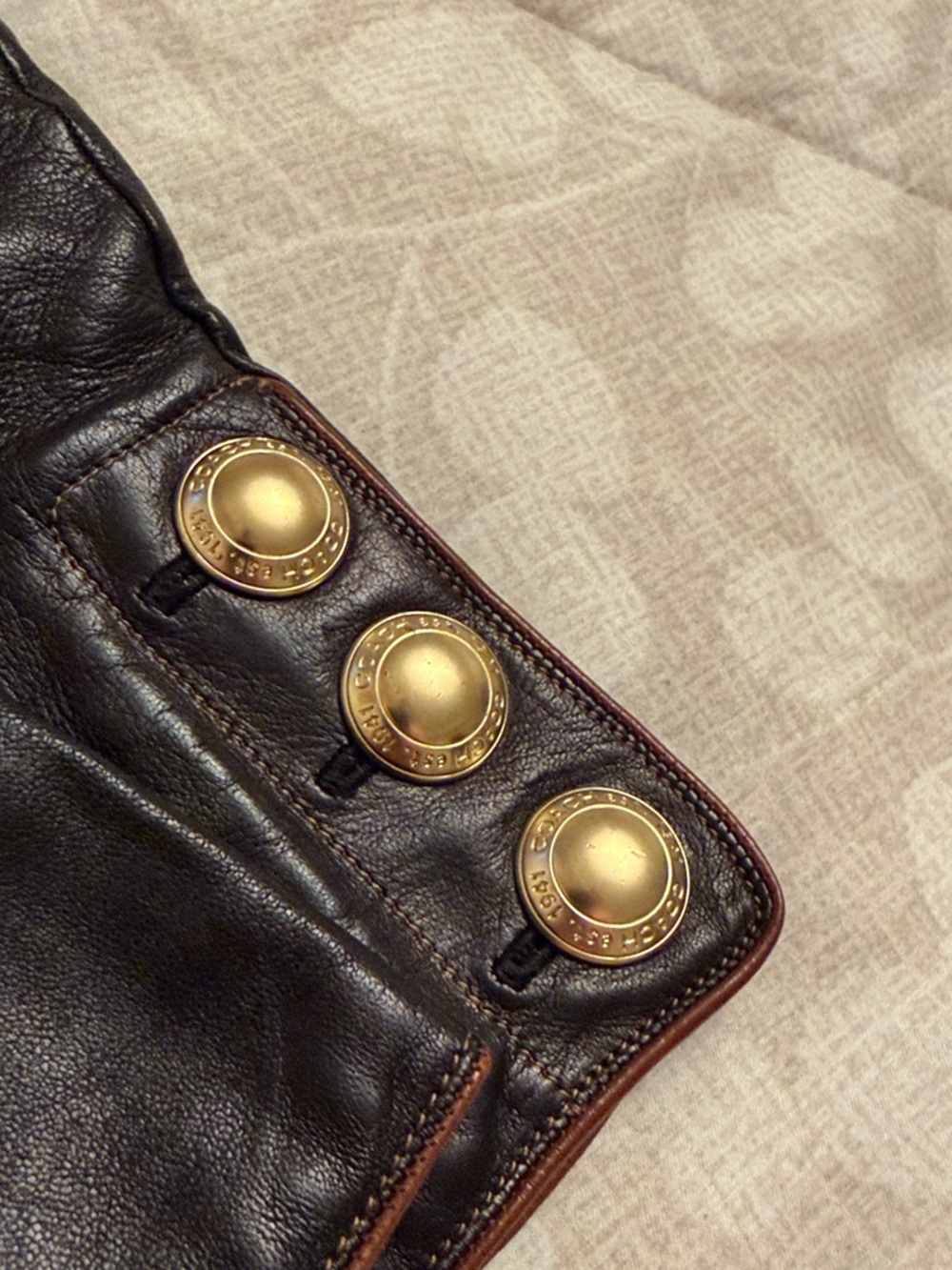 Coach Chocolate Brown Leather Gloves with Gold-Tone Button Accents - Picture 2 of 7